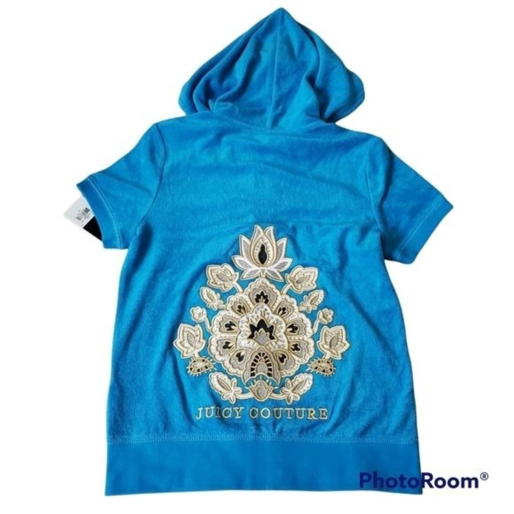 Juicy Couture Womens Jacket Short Sleeve Blue Logo Terry Floral Pockets Sz Small